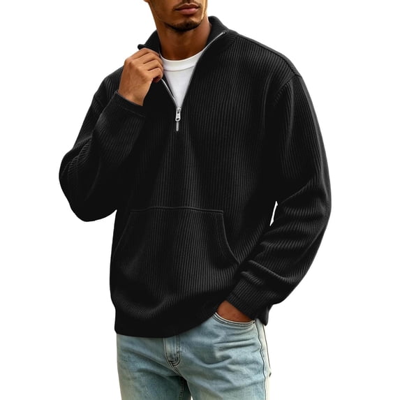 Bosfbaoi Half Zip Sweaters for Men Stand Collar Ribbed Knit Pullover With Kangaroo Pocket Casual Long Sleeve Sweatshirt