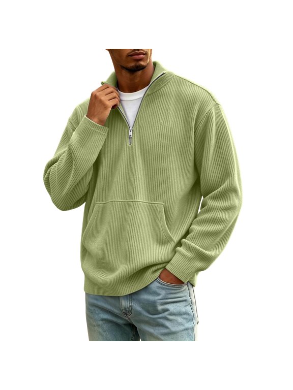 Half Zip Sweaters for Men Stand Collar Ribbed Knit Pullover With Kangaroo Pocket Casual Long Sleeve Sweatshirt