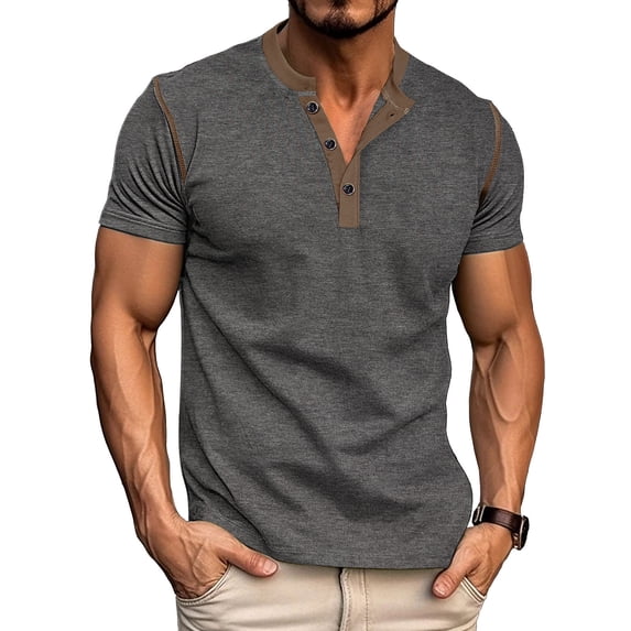 Bosfbaoi Henley Shirts For Men Color Block Patchwork Fashion Short-Sleeved Slim Round Neck Buttoned Top Summer Comfortable Daily Wear S-XXXL