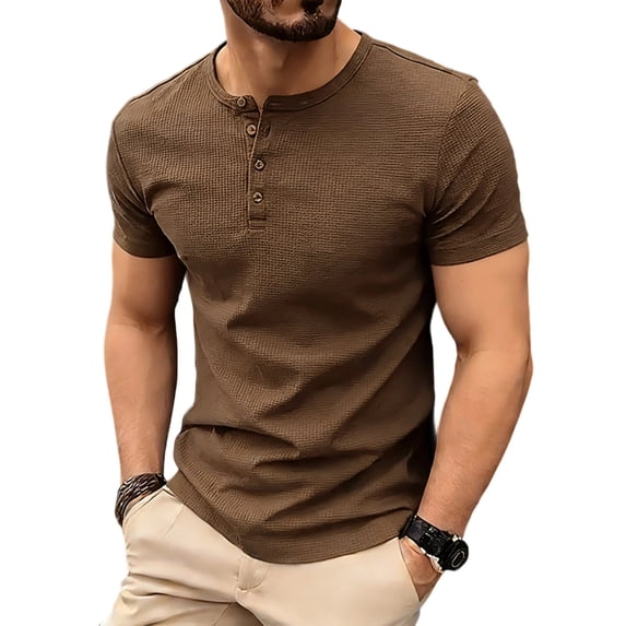 Bosfbaoi Henley Shirts For Men Waffle Knit Men's Shirts Solid Color Slim Fit Tops Button Placket Casual Tee