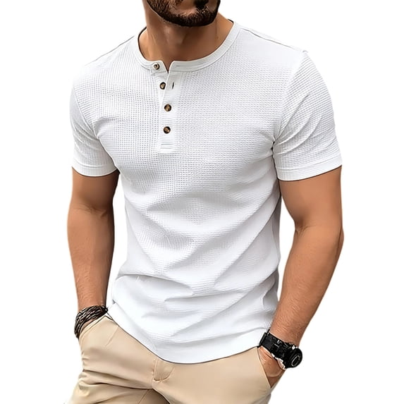Bosfbaoi Henley Shirts For Men Waffle Knit Men's Shirts Solid Color Slim Fit Tops Button Placket Casual Tee