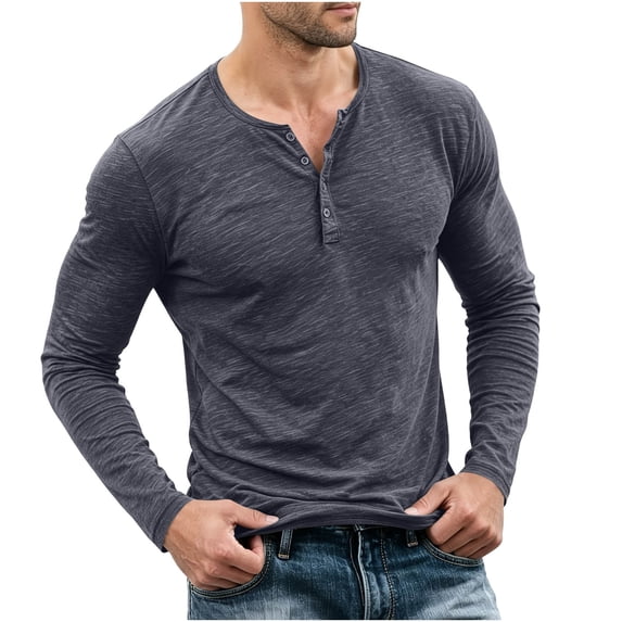 Bosfbaoi Henley Shirts for Men Long Sleeve Heather Slub Knit Button Placket Slim Fit Casual Top
