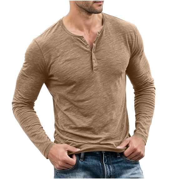 Bosfbaoi Henley Shirts for Men Long Sleeve Heather Slub Knit Button Placket Slim Fit Casual Top