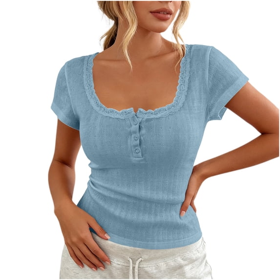 Bosfbaoi Henley Shirts for Women Lace Trim Pointelle Knit Womens Tops Short Sleeve Crew Neck Tee Regular Pullover Women's Clothing