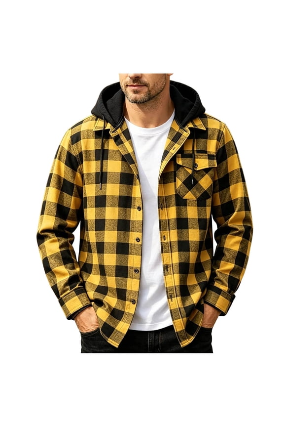 Hooded Buffalo Plaid Flannel Shacket for Men Chest Pocket Button Down Drawstring Fleece Hood Casual Shirt Jacket