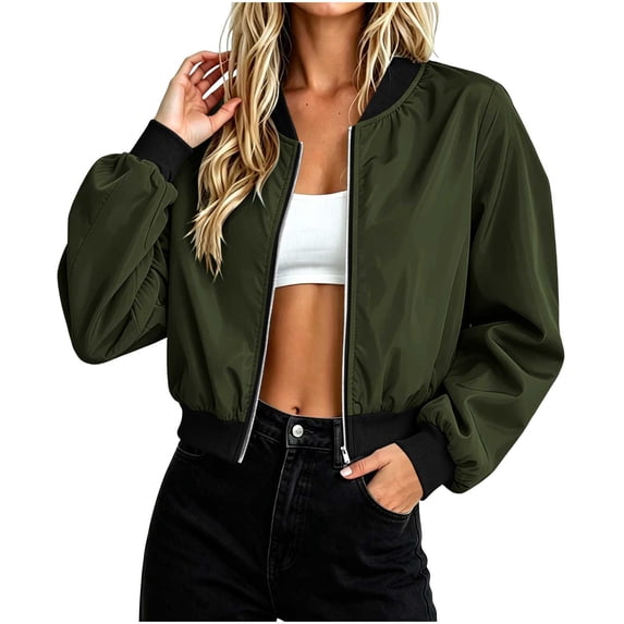 Bosfbaoi Jackets for Women Rib Knit Baseball Collar Full Zip Water Resistant Windproof Cropped Bomber Flight Jacket with Side Hand Pockets