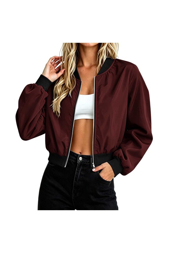 Jackets for Women Rib Knit Baseball Collar Full Zip Water Resistant Windproof Cropped Bomber Flight Jacket with Side Hand Pockets