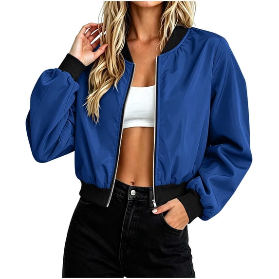 Bosfbaoi Jackets for Women Rib Knit Baseball Collar Full Zip Water Resistant Windproof Cropped Bomber Flight Jacket with Side Hand Pockets