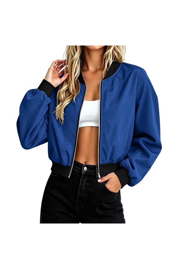 Jackets for Women Rib Knit Baseball Collar Full Zip Water Resistant Windproof Cropped Bomber Flight Jacket with Side Hand Pockets