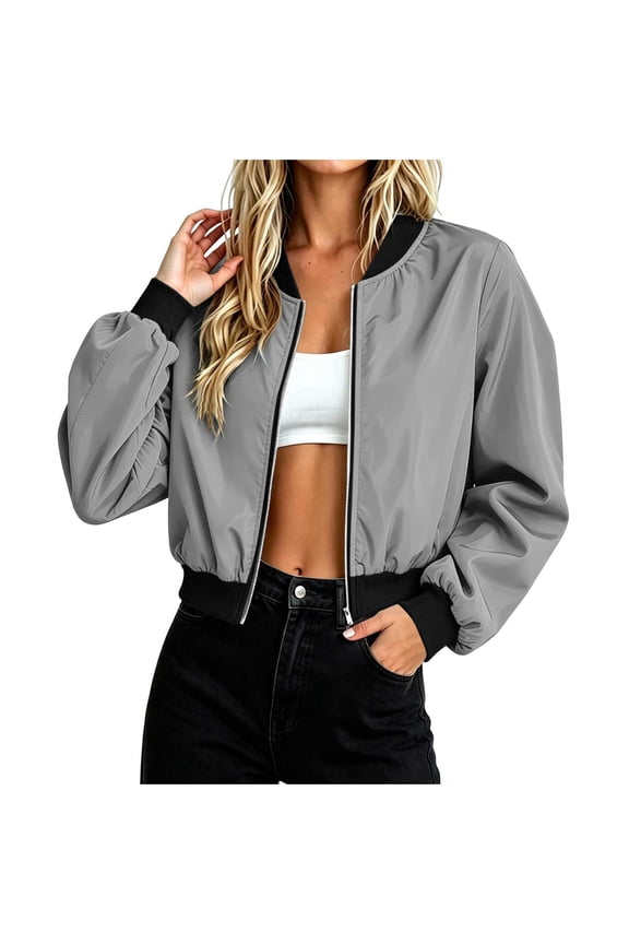 Jackets for Women Rib Knit Baseball Collar Full Zip Water Resistant Windproof Cropped Bomber Flight Jacket with Side Hand Pockets