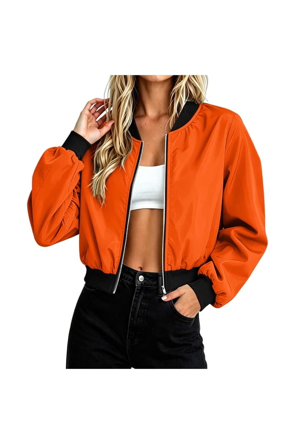 Jackets for Women Rib Knit Baseball Collar Full Zip Water Resistant Windproof Cropped Bomber Flight Jacket with Side Hand Pockets