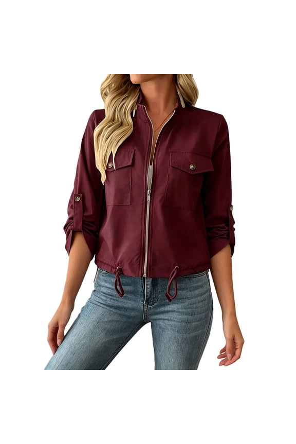 Jackets for Women Stand Collar Full Zip Roll Tab Long Sleeve Drawstring Hem Cropped Utility Cargo Jacket with Chest Flap Pockets