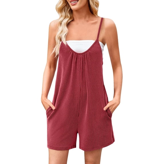 Bosfbaoi Jumpsuits For Women Ribbed Romper Spaghetti Strap V-Neck Pocketed Short Jumpsuit Casual Wear