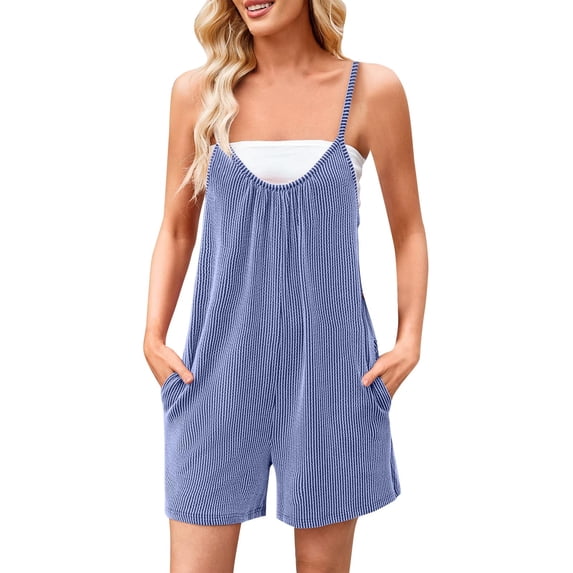 Bosfbaoi Jumpsuits For Women Ribbed Romper Spaghetti Strap V-Neck Pocketed Short Jumpsuit Casual Wear