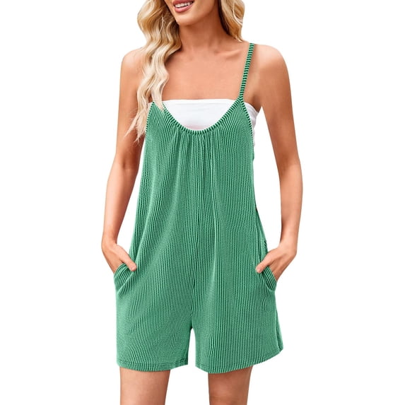 Bosfbaoi Jumpsuits For Women Ribbed Romper Spaghetti Strap V-Neck Pocketed Short Jumpsuit Casual Wear