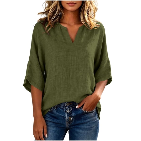 Bosfbaoi Linen Blouses for Women Notched V Neck 3/4 Batwing Sleeve Loose Casual Tunic Tops