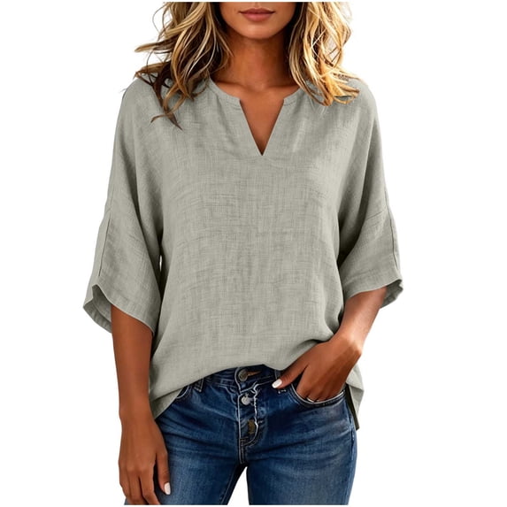 Bosfbaoi Linen Blouses for Women Notched V Neck 3/4 Batwing Sleeve Loose Casual Tunic Tops