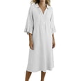 thumbnail image 1 of Bosfbaoi Linen Dresses for Women Collared Half Button 3/4 Flounce Sleeve Loose Midi Dress, 1 of 6