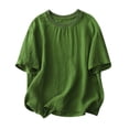 thumbnail image 1 of Bosfbaoi Linen Shirts for Women Summer Crew Neck Casual Tops Soild Color Short Sleeve Blouse, 1 of 8
