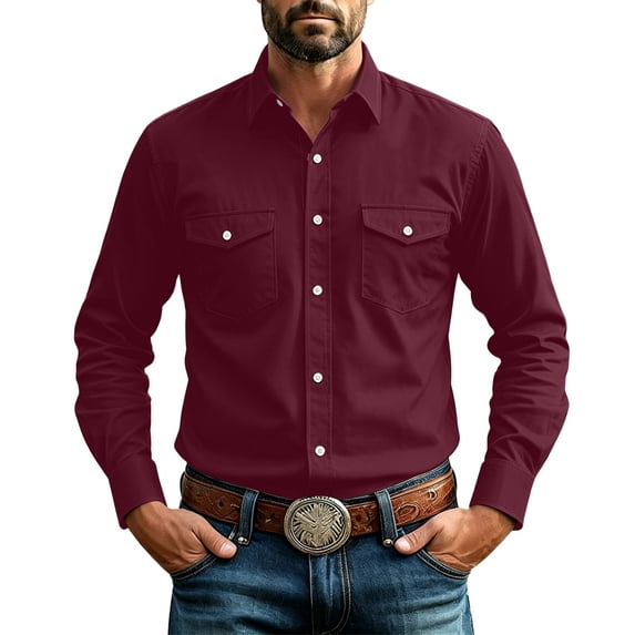 Bosfbaoi Long Sleeve Button Down Shirts for Men Western Style Point Collar Dual Chest Pockets Solid Casual Work Shirts