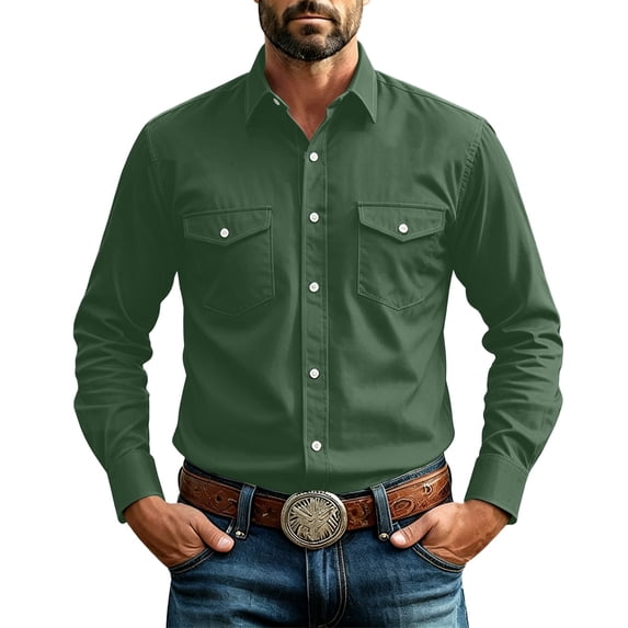 Bosfbaoi Long Sleeve Button Down Shirts for Men Western Style Point Collar Dual Chest Pockets Solid Casual Work Shirts