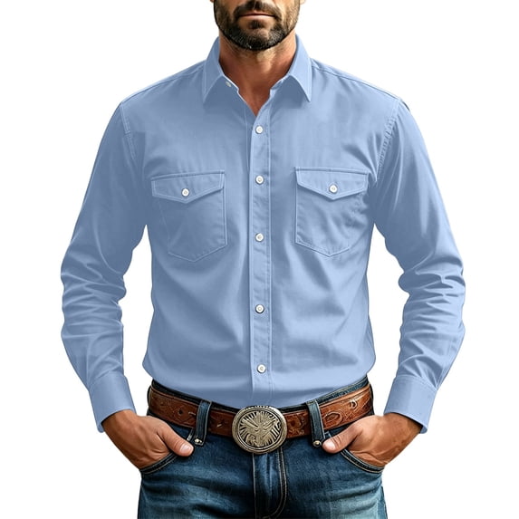 Bosfbaoi Long Sleeve Button Down Shirts for Men Western Style Point Collar Dual Chest Pockets Solid Casual Work Shirts