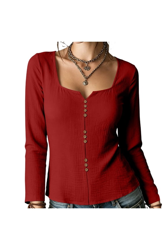 Long Sleeve Shirts for Women Square Notch Neck Button Womens Tops Slim Textured Casual Blouses