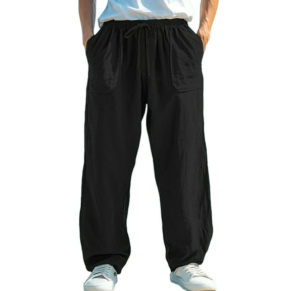 Bosfbaoi Men Casual Pants Big and Tall Elastic Waist Drawstring Pants Loose Fit Wide Leg Straight Trouser with Pockets
