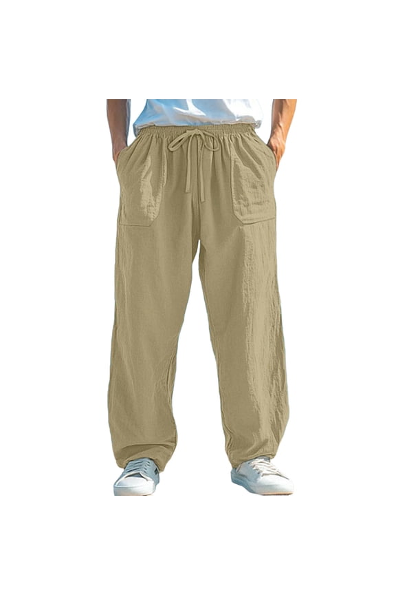 Men Casual Pants Big and Tall Elastic Waist Drawstring Pants Loose Fit Wide Leg Straight Trouser with Pockets