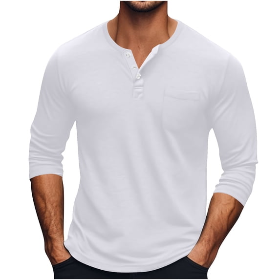Bosfbaoi Men's Casual Button-Down Shirt Breathable Regular Fit Solid Color Minimalist Design Round Neck Long Sleeve Stretch Lightweight Everyday Wear Top