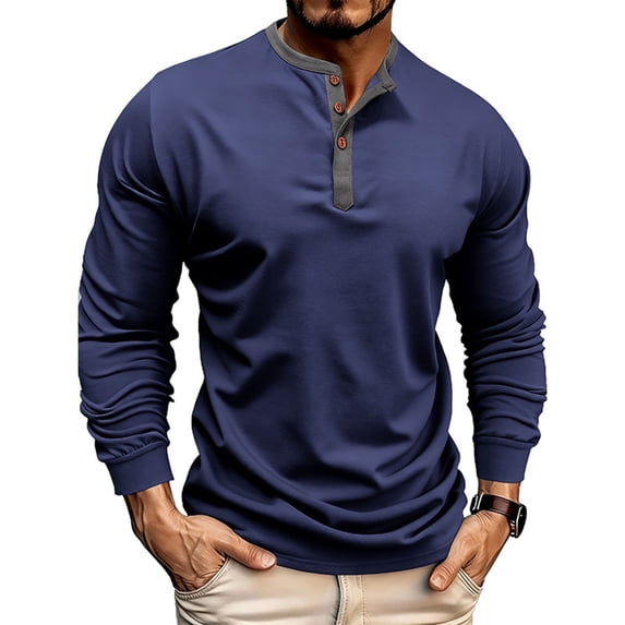 Bosfbaoi Men's Casual Button-Up Shirt Regular Fit Solid Color Crew Neck Long Sleeve Soft and Breathable Everyday Top