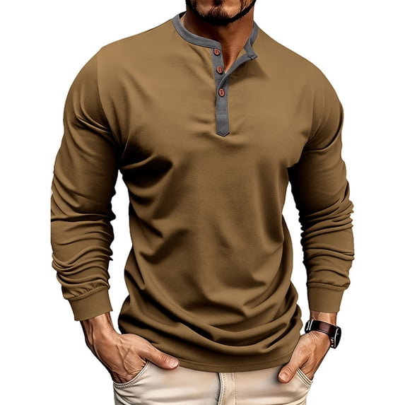Bosfbaoi Men's Casual Button-Up Shirt Regular Fit Solid Color Crew Neck Long Sleeve Soft and Breathable Everyday Top