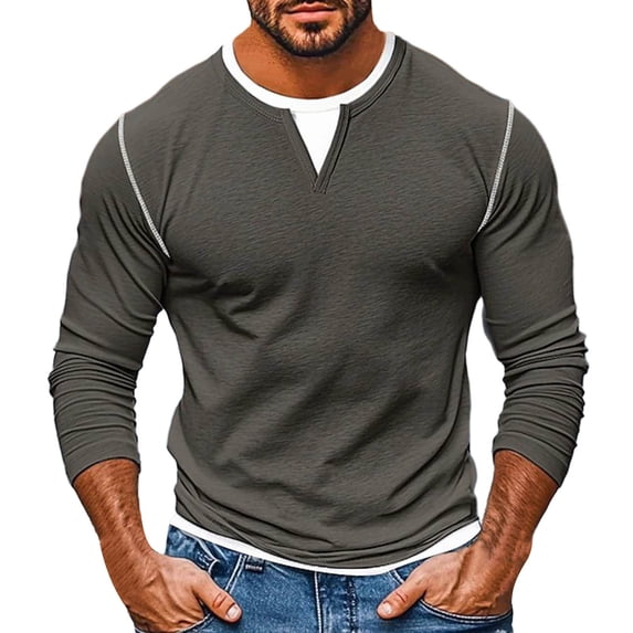 Bosfbaoi Men's Casual Slim Fit V-Neck Long Sleeve T-Shirt - Layered Look Pullover with Contrast Inner Collar