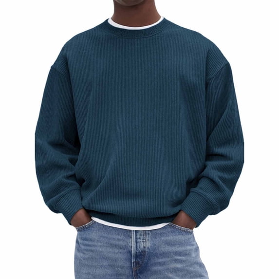 Bosfbaoi Men's Fashion Casual Loose Top Solid Color Corduroy Crew Neck Sweatshirt Long Sleeve Warm Soft Comfortable Everyday Wear Top