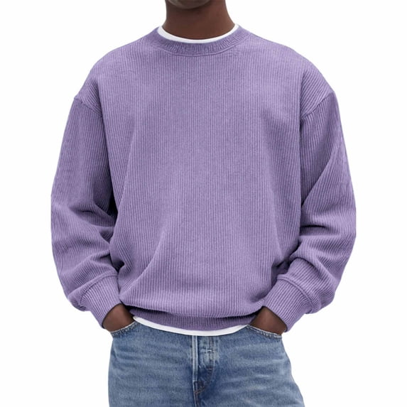 Bosfbaoi Men's Fashion Casual Loose Top Solid Color Corduroy Crew Neck Sweatshirt Long Sleeve Warm Soft Comfortable Everyday Wear Top