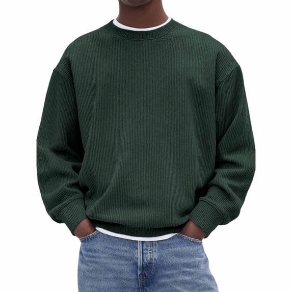 Bosfbaoi Men's Fashion Casual Loose Top Solid Color Corduroy Crew Neck Sweatshirt Long Sleeve Warm Soft Comfortable Everyday Wear Top