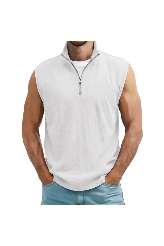Men's Half Zip Stand Collar Sleeveless Vest, Polyester Ribbed Knit Regular Fit Top, Breathable Casual Wear for Men's Daily and Outdoor Occasions