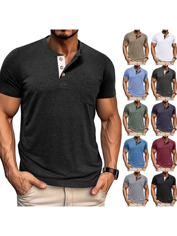 Men's Henley Short Sleeve Shirt Cotton Lightweight Tee Shirts Casual Summer Basic Tees with Pocket