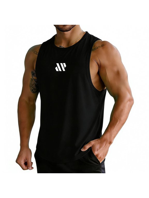 Men's Printed Logo Sleeveless Gym Tank Top, Polyester Quick-Dry Athletic Fit Shirt, Wide Shoulder Breathable Active Wear for Men's Fitness and Running