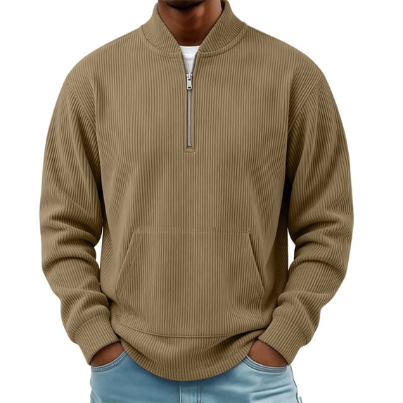 Bosfbaoi Men's Quarter Zip Ribbed Sweatshirts Stand Collar Kangaroo Pocket Long Sleeve Casual Pullover Tops