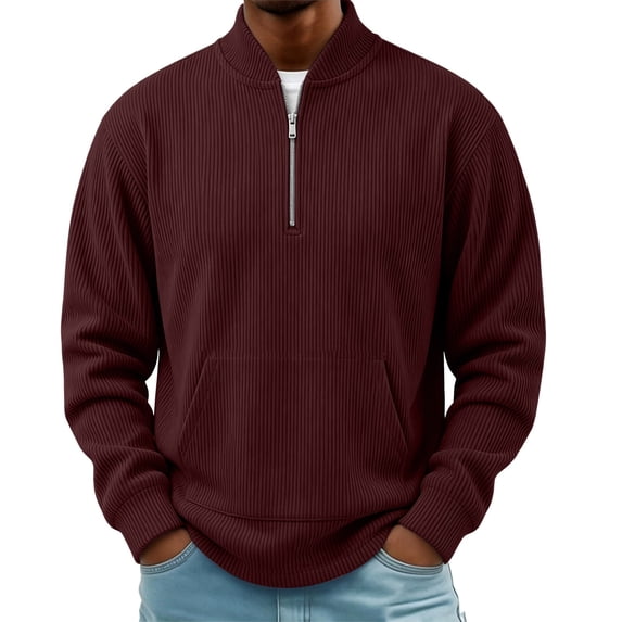 Bosfbaoi Men's Quarter Zip Ribbed Sweatshirts Stand Collar Kangaroo Pocket Long Sleeve Casual Pullover Tops
