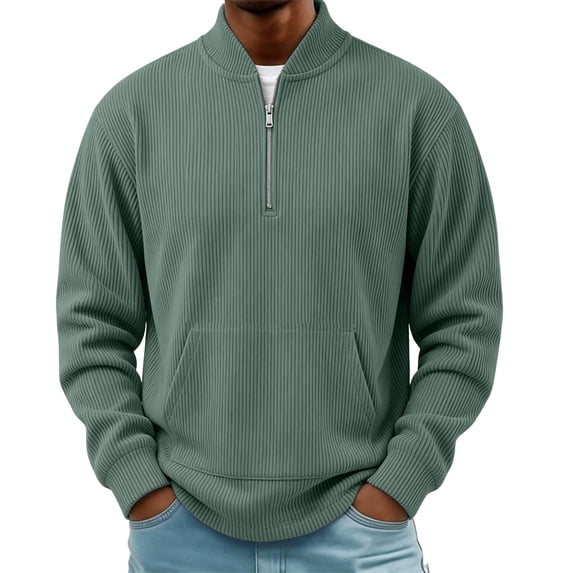 Bosfbaoi Men's Quarter Zip Ribbed Sweatshirts Stand Collar Kangaroo Pocket Long Sleeve Casual Pullover Tops