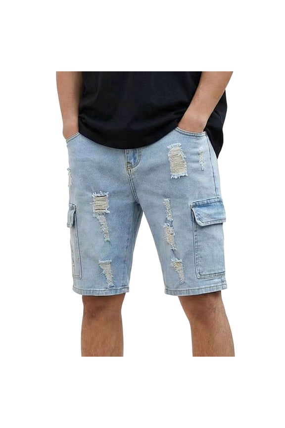 Mens Cargo Denim Shorts Button Fly Light Wash Distressed Ripped Design Multi Pocket Loose Fit Casual Shorts for Streetwear Outdoor Activities
