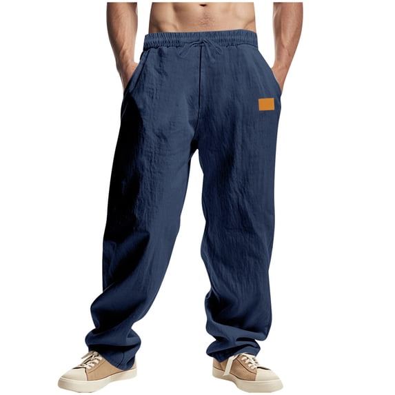 Bosfbaoi Mens Cotton Linen Pants Elastic Waist Casual Pants Lightweight Loose Fit Soft Slacks Solid Color Summer Beach Trousers With Pockets
