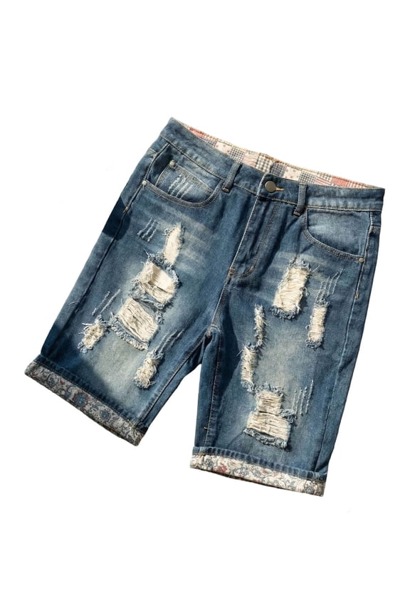 Mens Denim Shorts Button Zipper Fly Distressed Ripped Design Paisley Lined Cuff Casual Fit Vintage Style Shorts for Streetwear Daily Wear