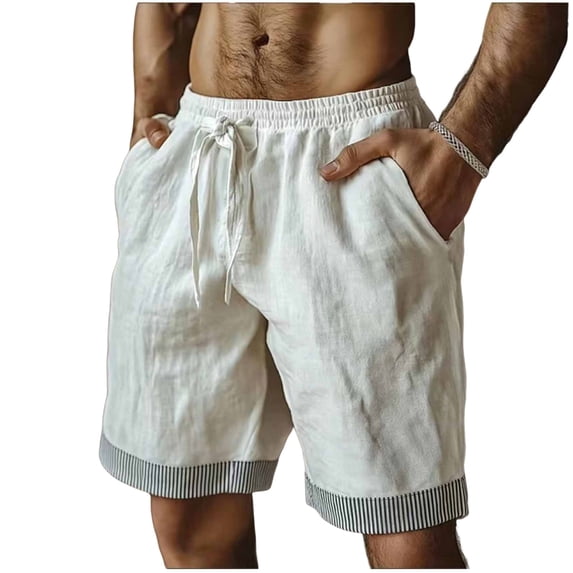 Bosfbaoi Mens Shorts Cotton Blend Relaxed Fit Casual Chinos Adjustable Waist Drawstring Shorts with Striped Cuffs