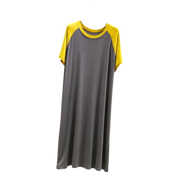 Bosfbaoi Nightgowns For Women Color Block Raglan Nightgown Short Sleeve Crew Neck Side Slit Casual Sleep Dress