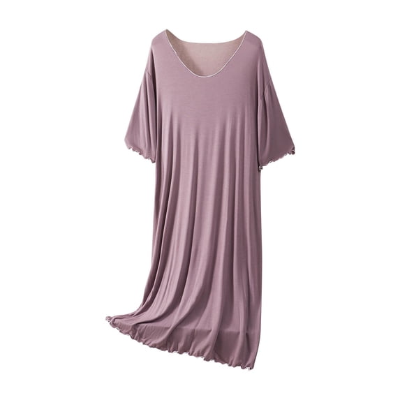 Bosfbaoi Nightgowns For Women Short Sleeve Nightgown Deep V-Neck Contrast Scalloped Trim Maxi Casual Sleep Dress