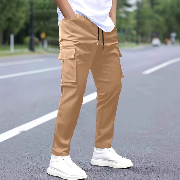Bosfbaoi Olive Green Cargo Pants for Men - Multiple Pockets + Drawstring Waist + Straight Fit - Work Pants Casual Style for Daily Wear