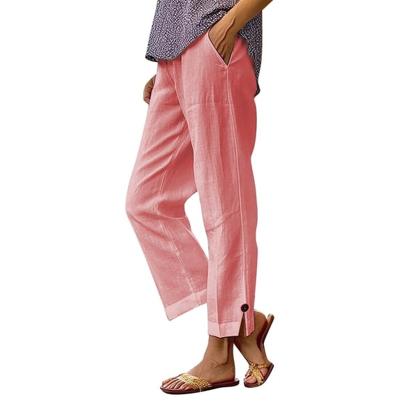 Bosfbaoi Pants For Women Linen Capri Pants Button Split Hem Casual Cropped Trousers with Pockets
